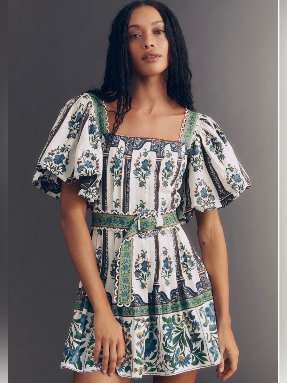 Farm Rio Manoela Belted Puff Sleeve Mini Dress Blue Floral L NWT